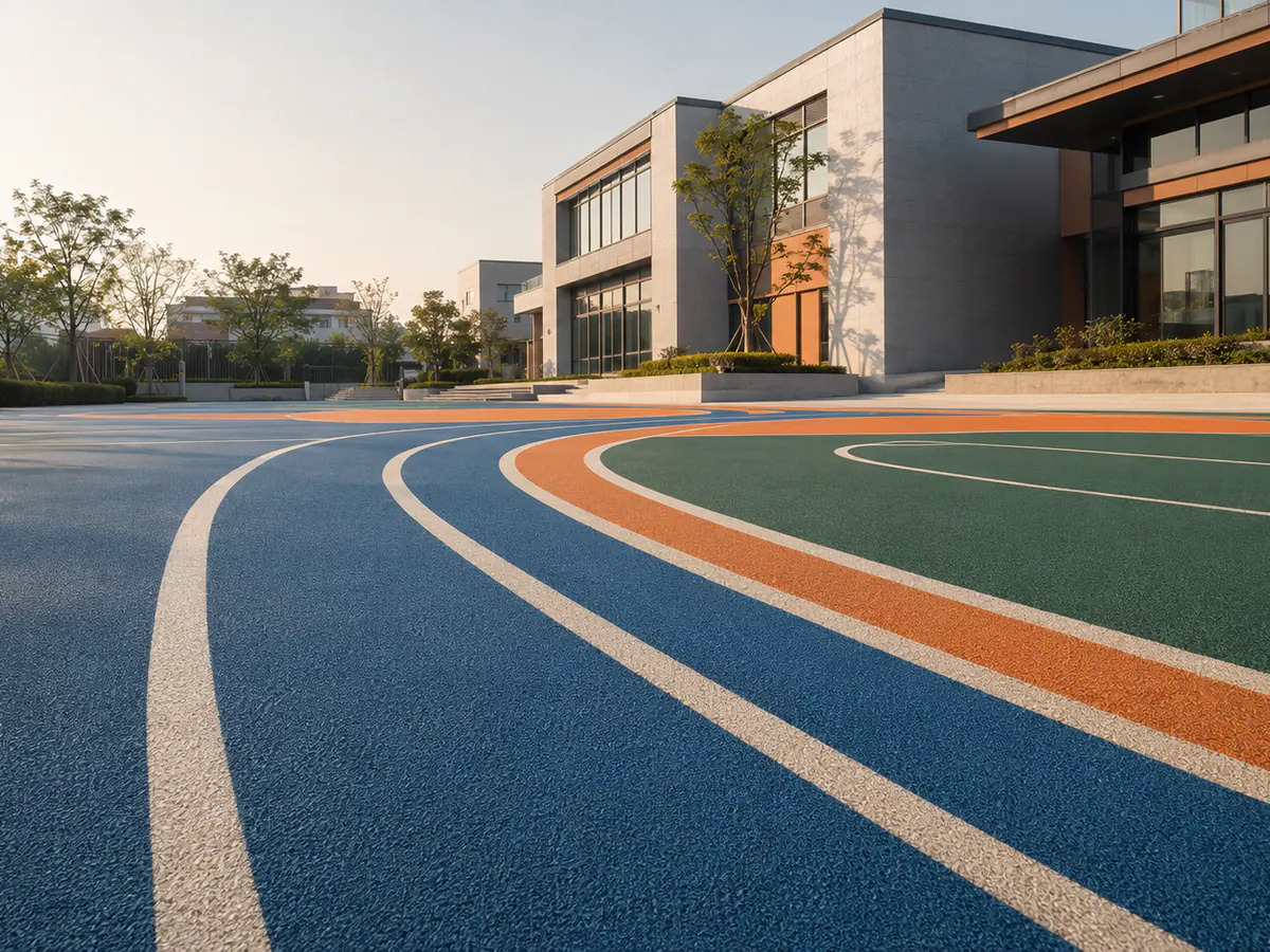 Blue orange and green running track surface beside a school building