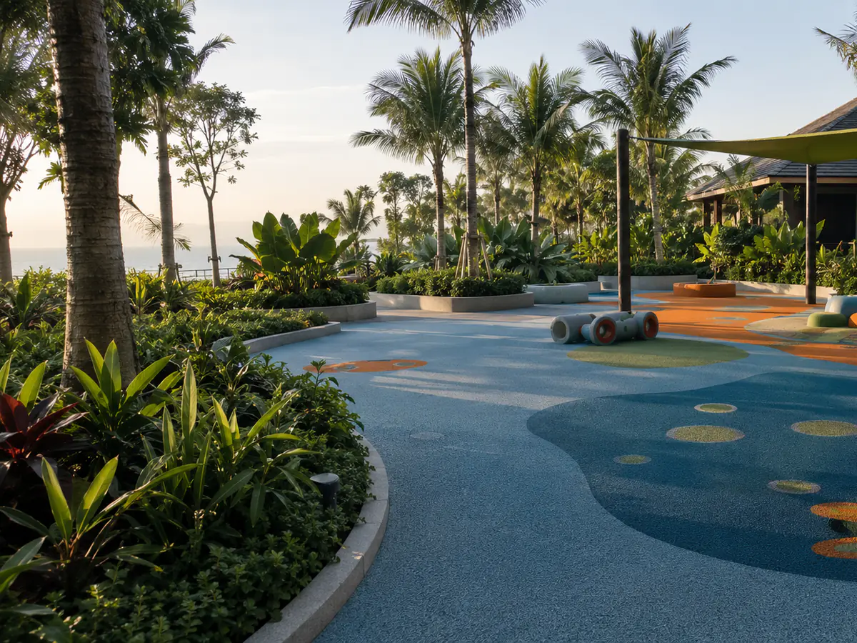 Landscaped outdoor recreation area with blue and orange rubber surfacing
