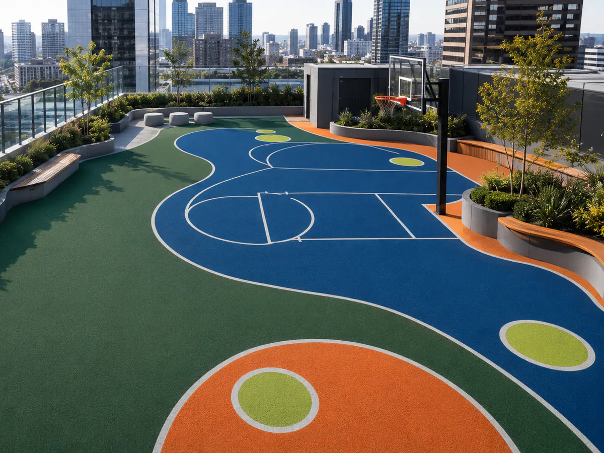 Rooftop sports court with blue green and orange rubber flooring