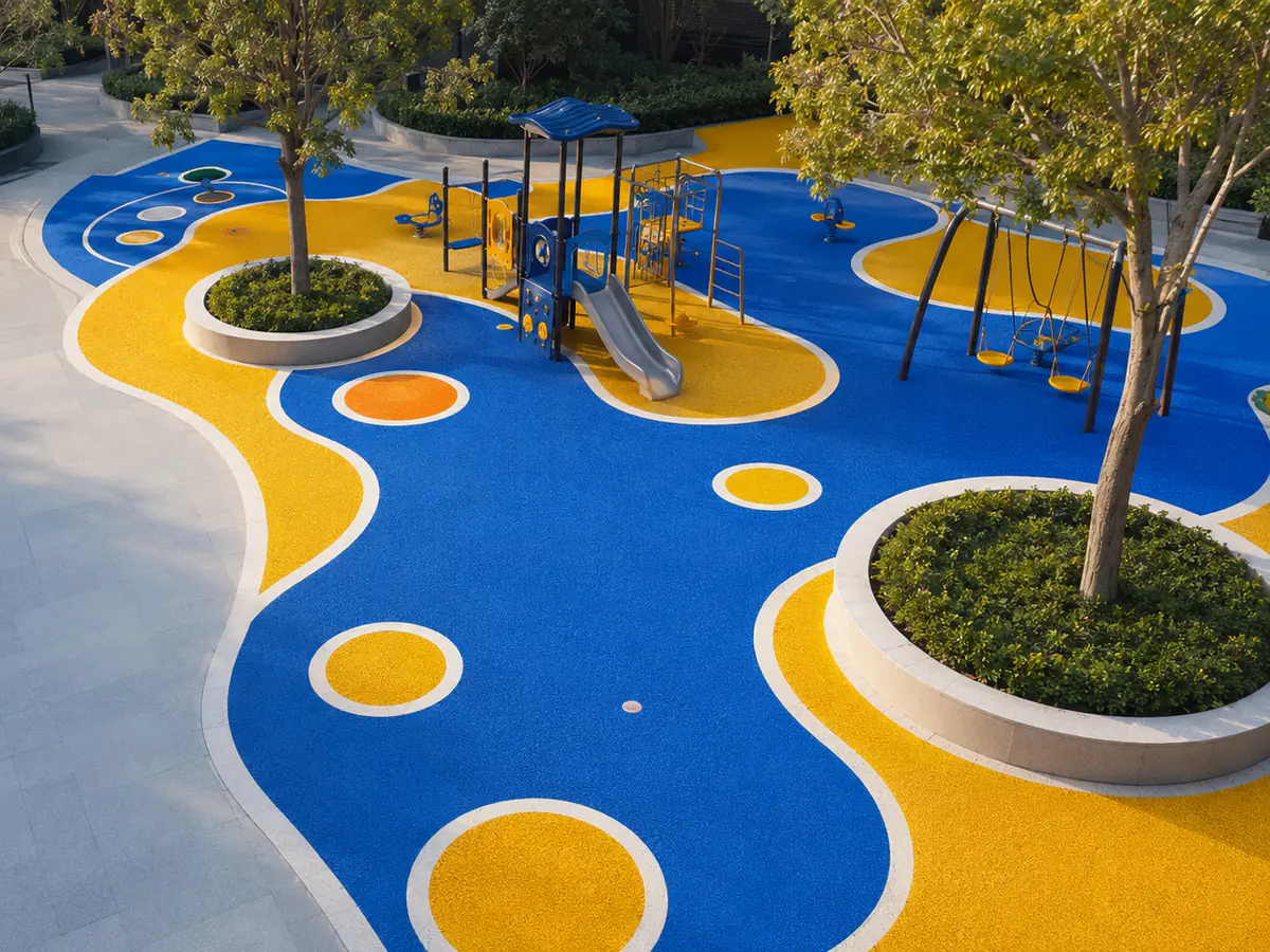 Aerial view of a blue and yellow EPDM playground with play equipment