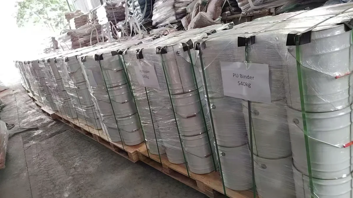 PU binder drums secured on pallets for loading and shipment preparation